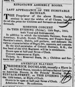 Advertisements for public appearances of 'the inimitable Bateman' and Frederick Douglass at different venues on 12 September 1845, side by side.