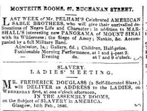 Advertisements for public appearances of 'Mr Pelham's Celebrated American Sable Brothers' and Frederick Douglass at different venues on 14 February 1846, side by side.