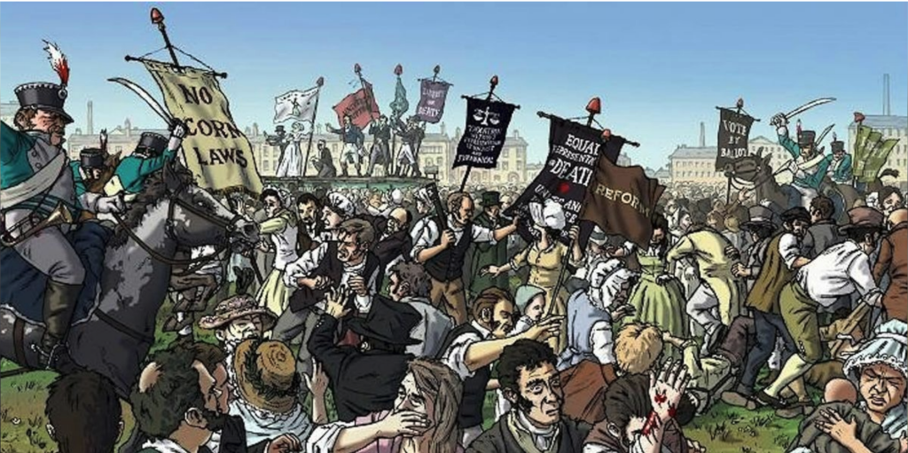 Protestors at Peterloo holding banners attacked by sword-wielding cavalry. In the background can be seen speakers on a raised platform, more banners aloft. Behind them a cityscape with factory chimneys beneath a blue sky.