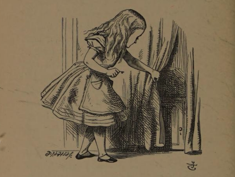 Alice, key in hand, pulls aside a curtain to discover the door to Wonderland.