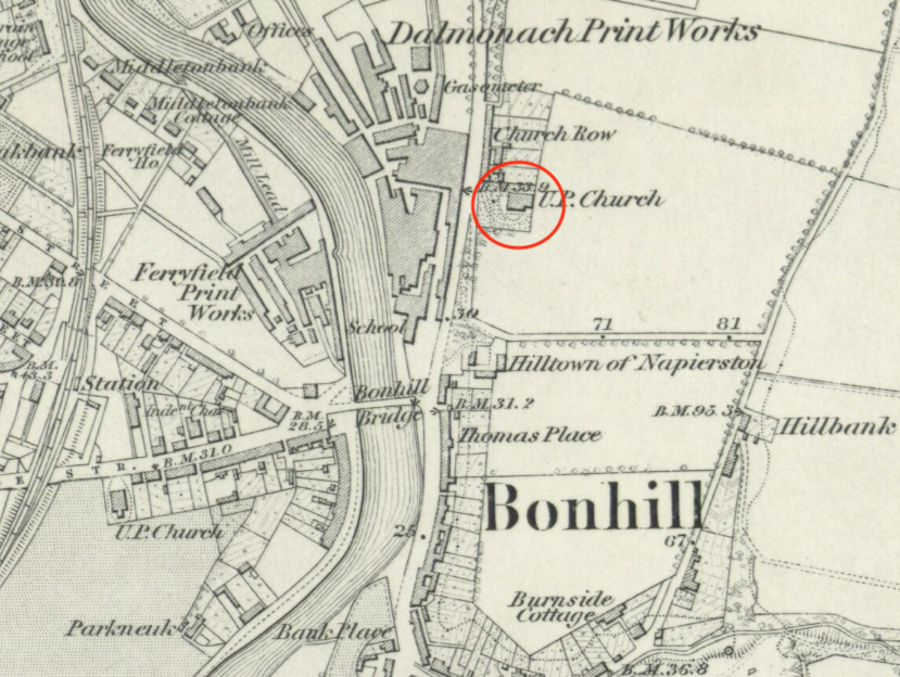 Map of Bonhill 1864 showing location of Relief Church.
