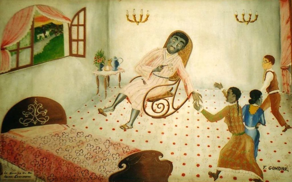 Photo of painting depicting the suicide of King Henry Christophe 1820. A bed is in the foreground. The King is collapsed on a chair against a facing wall. Two figures appear to be rushing towards him, the one furthest away from us is a white man, wearing a stethoscope. In the king's right hand is a handgun.