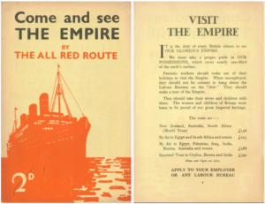 (a) Cover of brochure featuring red silhouette of ocean liner (and showing price, 2d) (b) Sample page from brochure, headed 'Visit the Empire'